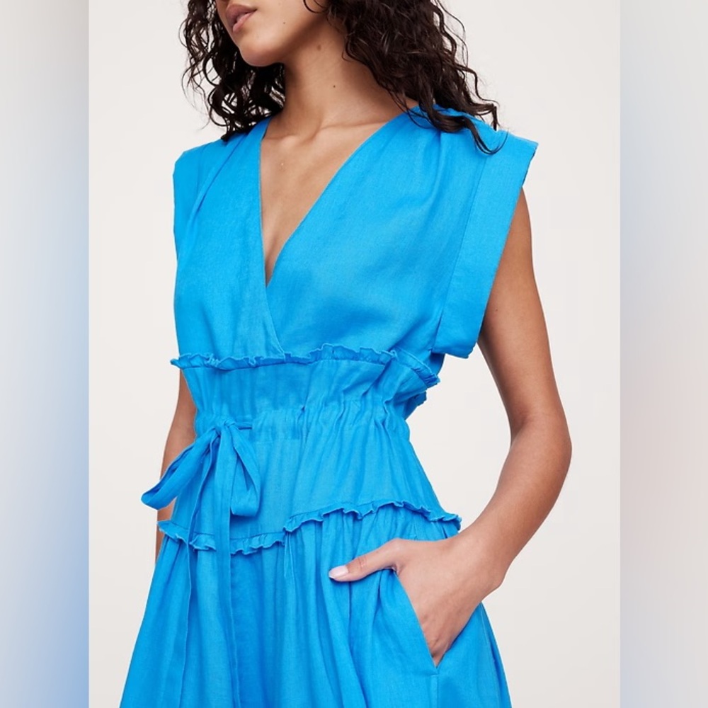 NEW! Banana Republic Blue Cabana Linen Cinch-Waist Maxi Dress - Medium 🍉 - Picture 3 of 9